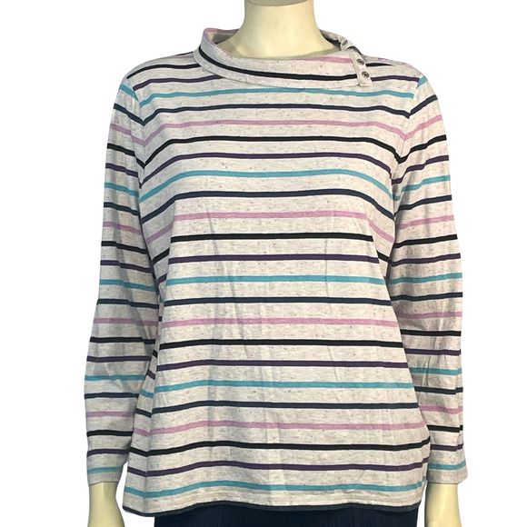 T by Talbots Sz 1X Long Sleeve T-Shirt Top Collar w/Snaps on Shoulder Striped - Picture 1 of 8